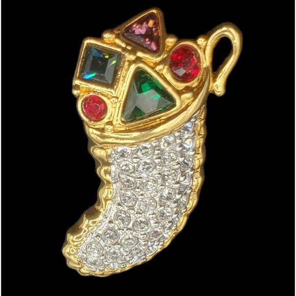 VTG Swarovski Crystal Christmas Stocking Pin Brooch Holiday Gold Tone Gems 1.5" - Picture 2 of 13